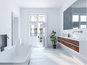 Crisp White Urban Bathroom with Plant and Wooden Floorboards and Door